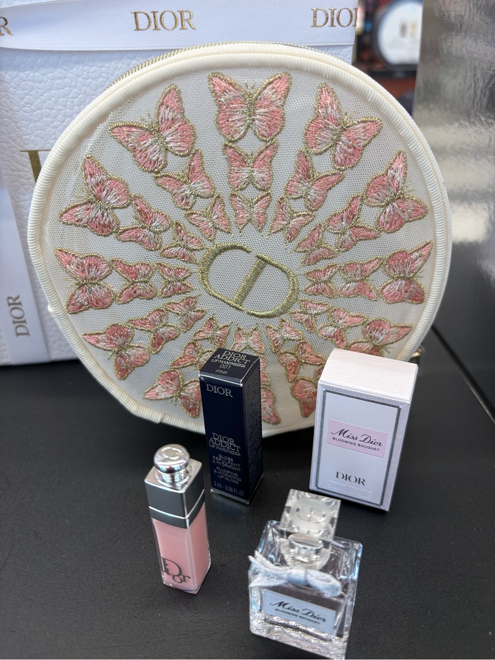 Dior Embroidered Butterfly Round Cosmetic Pouch with Mini Fragrance (no lip)